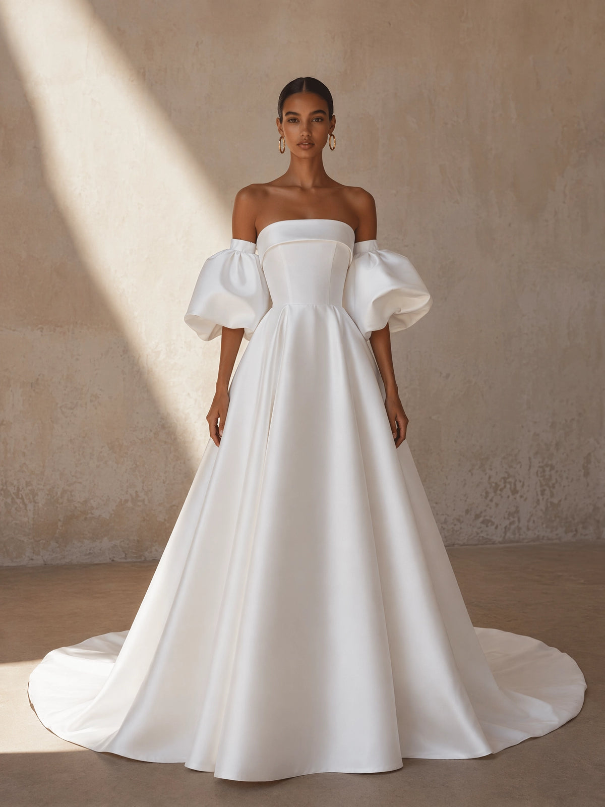 BOLODOO White Strapless Straight Neck Satin A-Line Wedding Gown - full front view with detachable puff sleeves