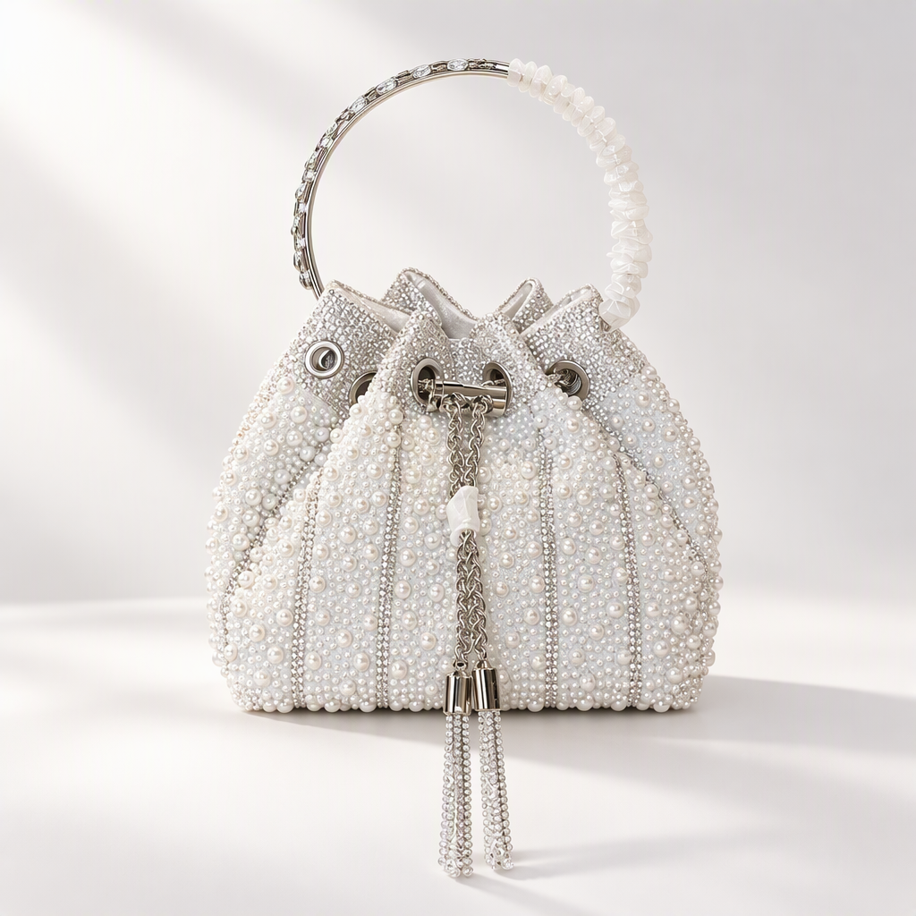 White pearl-effect beaded bridal bucket bag with a circular handle and sparkling tassels, front view