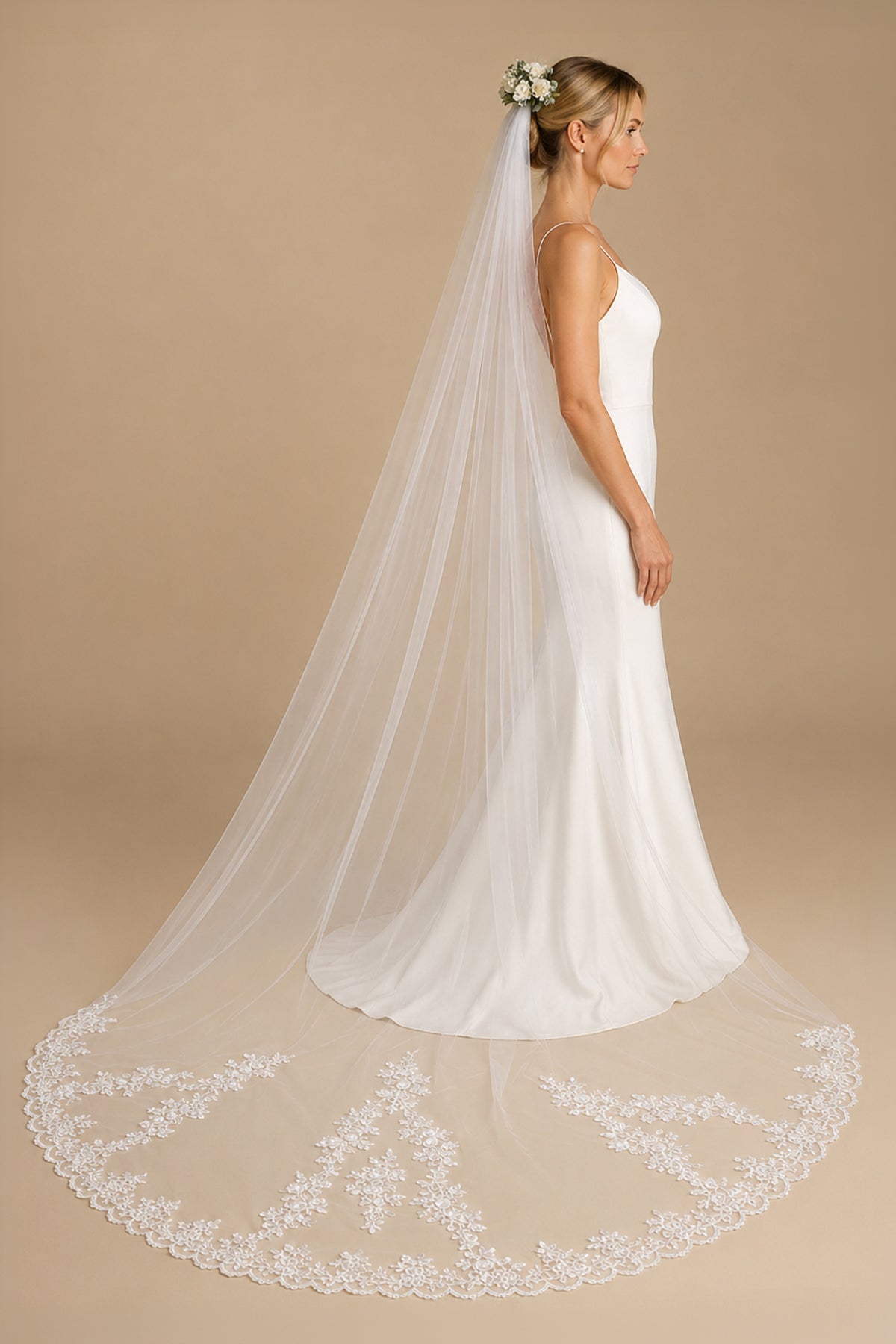 Cathedral Veils with Lace and Beaded Hemline in Ivory - BOLODOO Wedding Veils