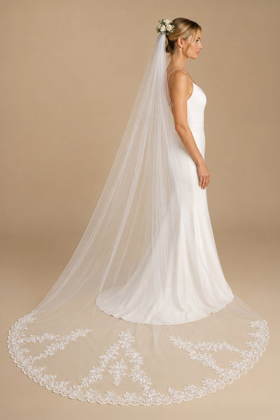 Cathedral Veils with Lace and Beaded Hemline in Ivory - BOLODOO Wedding Veils