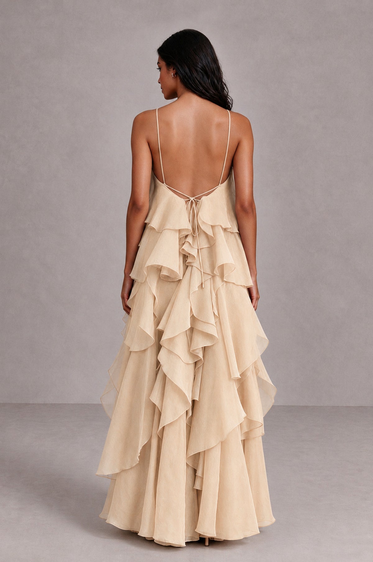 BOLODOO champagne Cascading Ruffle Rosette Open-Back Maxi Dress - champagne - Champagne_2