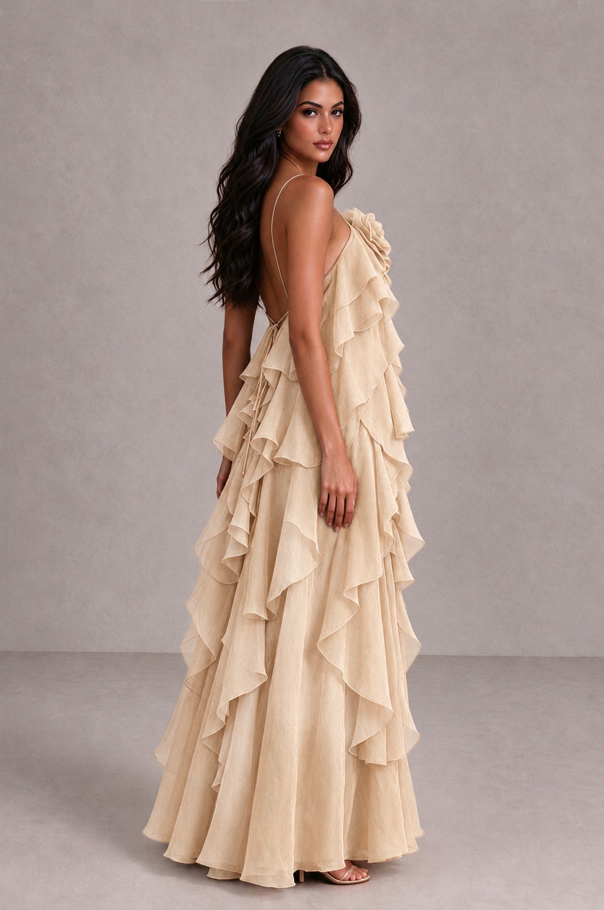 BOLODOO champagne Cascading Ruffle Rosette Open-Back Maxi Dress - champagne - Champagne_3