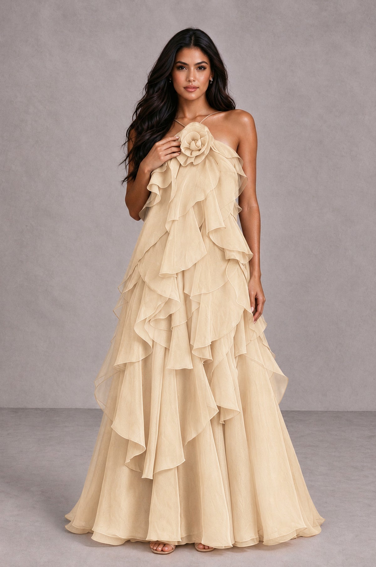 BOLODOO champagne Cascading Ruffle Rosette Open-Back Maxi Dress - champagne - Champagne_4