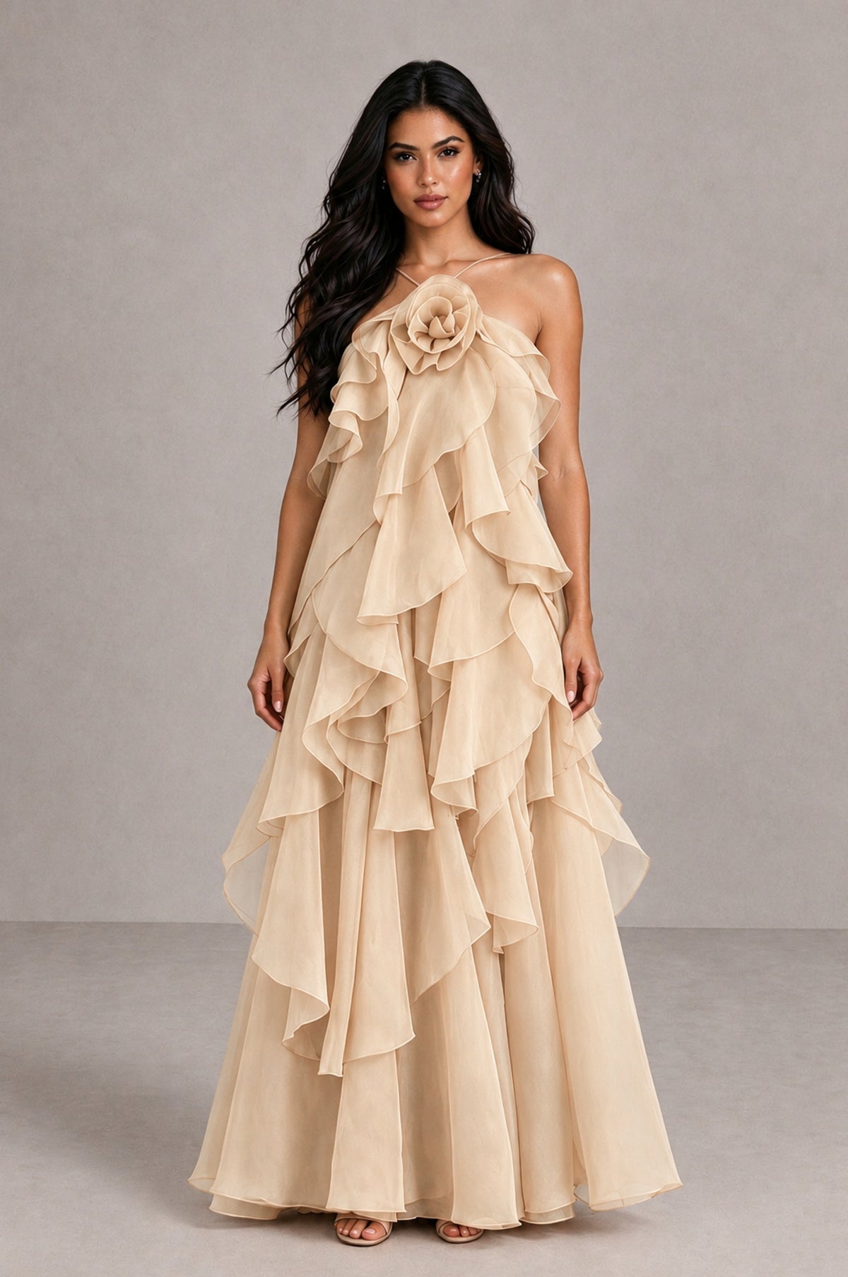BOLODOO champagne Cascading Ruffle Rosette Open-Back Maxi Dress - champagne - champagne_1