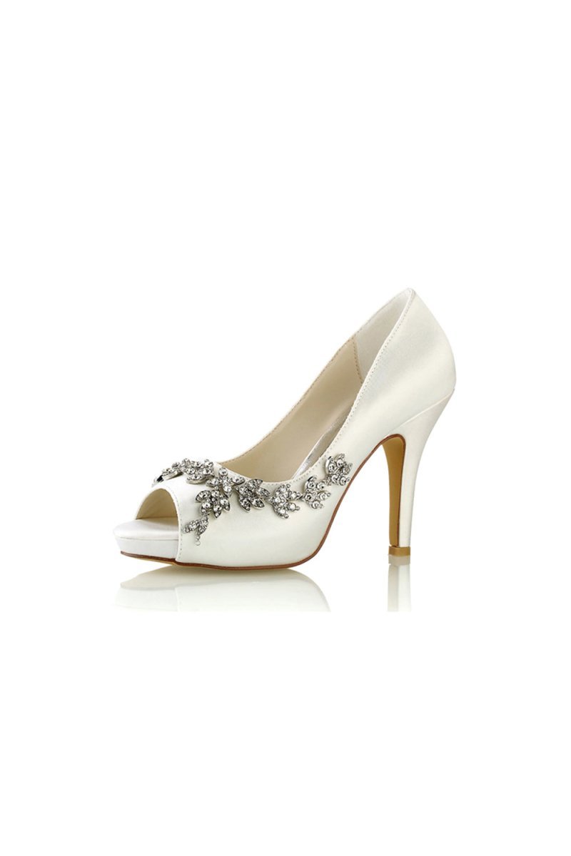 Champagne Satin Heels with Silver Metal Flower Ornament - BOLODOO