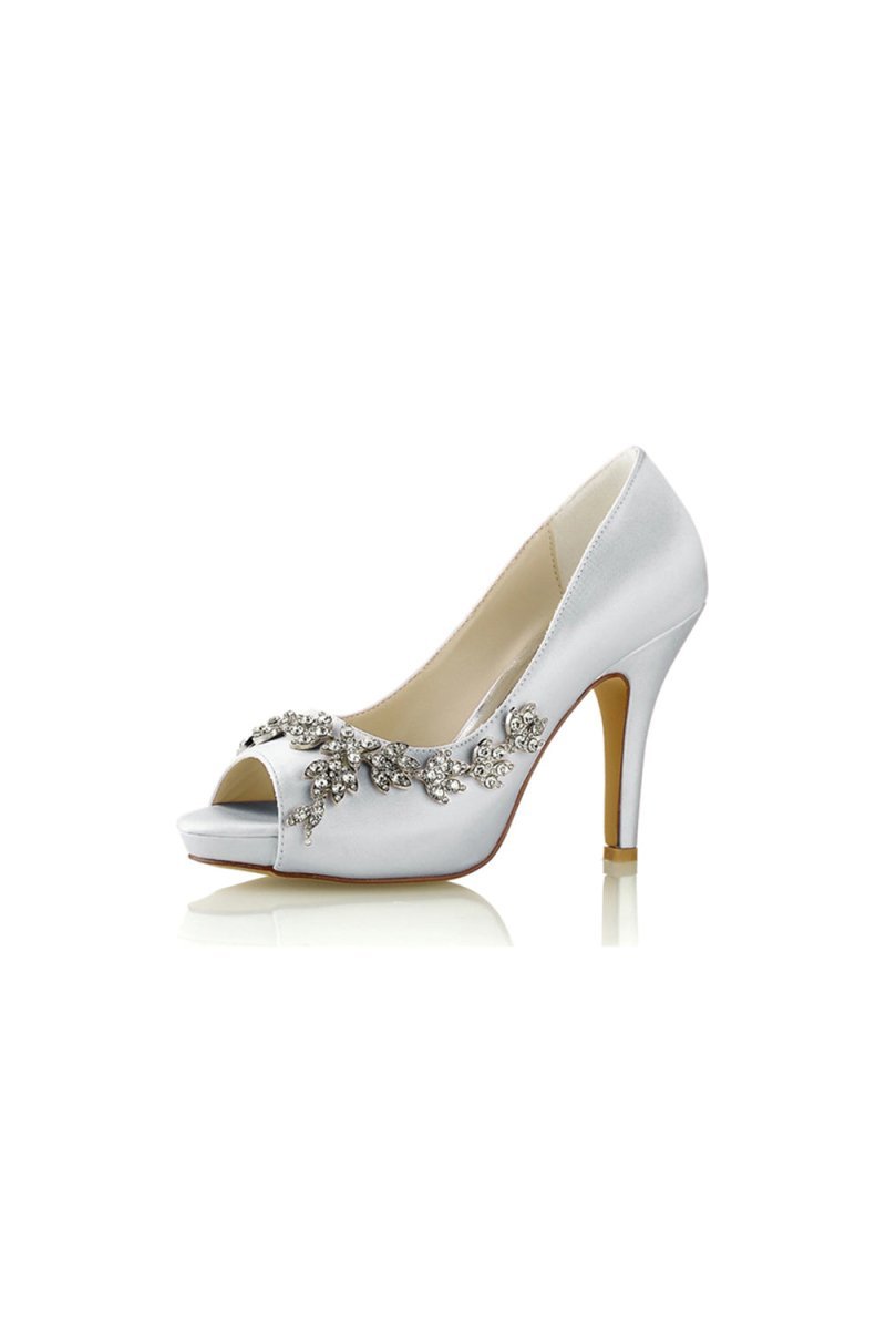 Champagne Satin Heels with Silver Metal Flower Ornament - BOLODOO