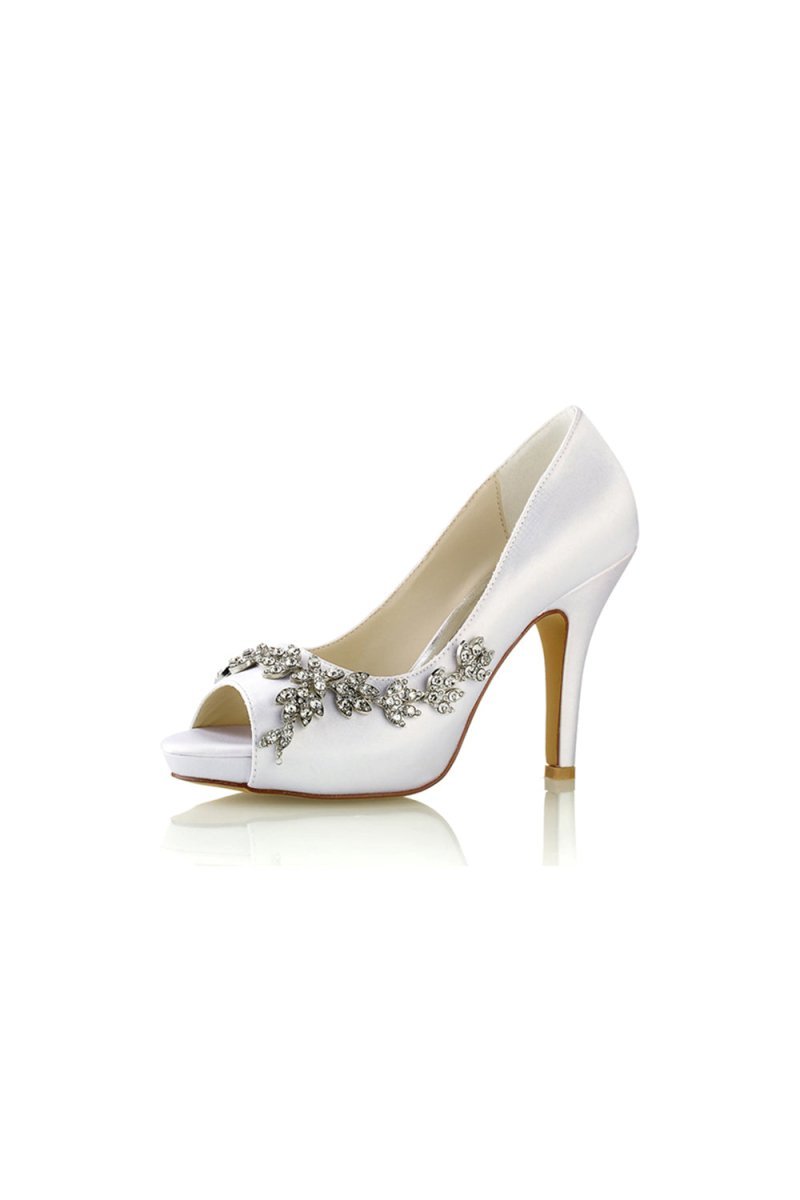 Champagne Satin Heels with Silver Metal Flower Ornament - BOLODOO