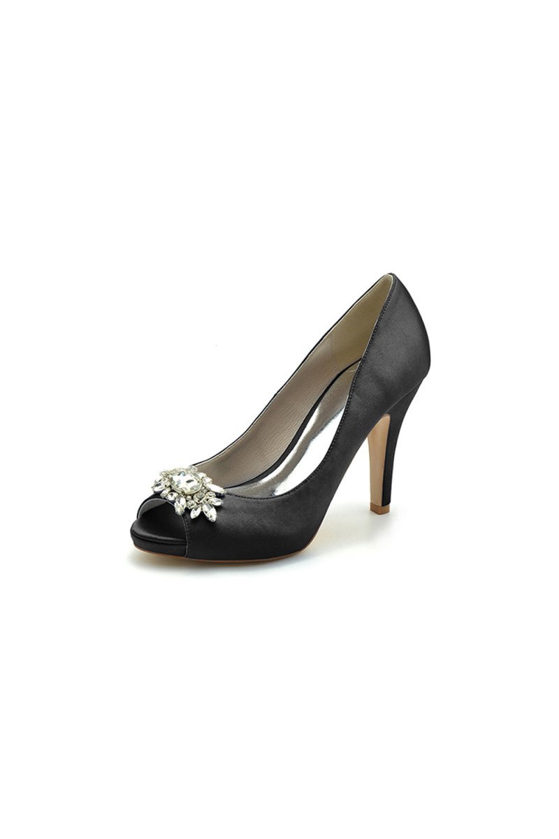 Champagne Satin High Heels with Crystal Flower Ornament - BOLODOO