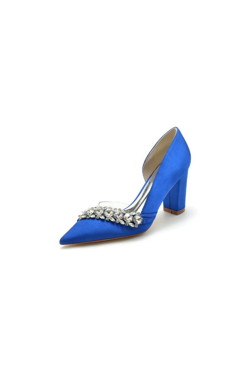 Chic Satin Pointed Toe Slip - on Chunky Heels With Rhinestone - BOLODOO