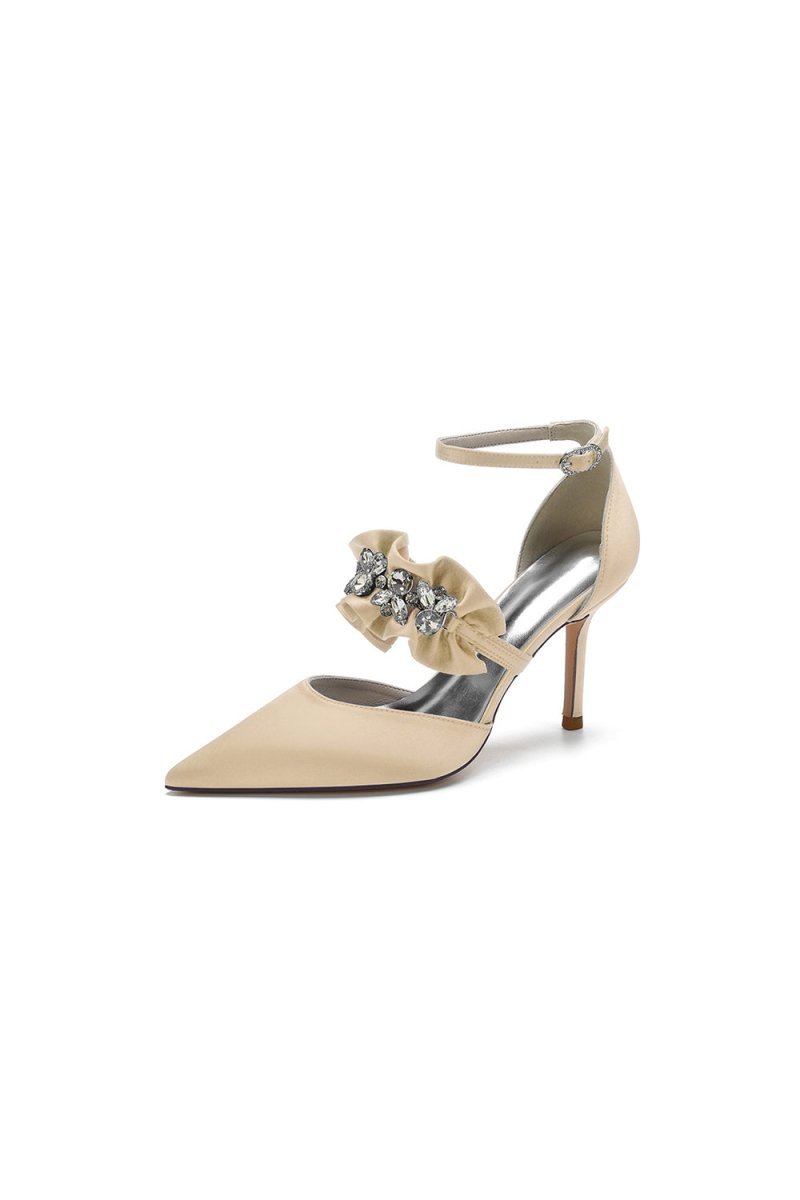 Cocktail Pointed Toe Crystal Buckle Strap High Heels - BOLODOO