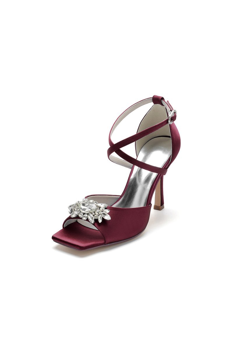 Crystal Buckle Square Open Toe Cross Straps Chunky Heels - BOLODOO