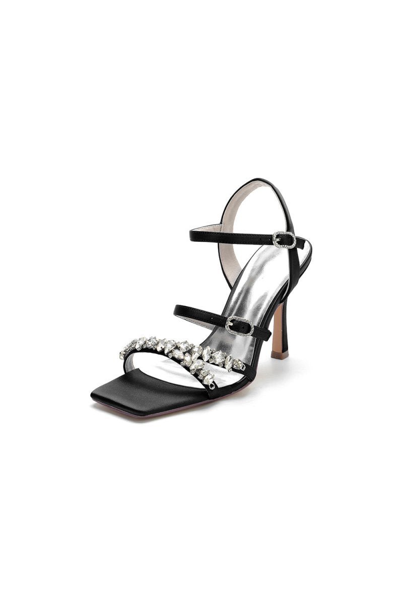 Crystal Buckle Straps Square Open Toe Chunky Heels - BOLODOO