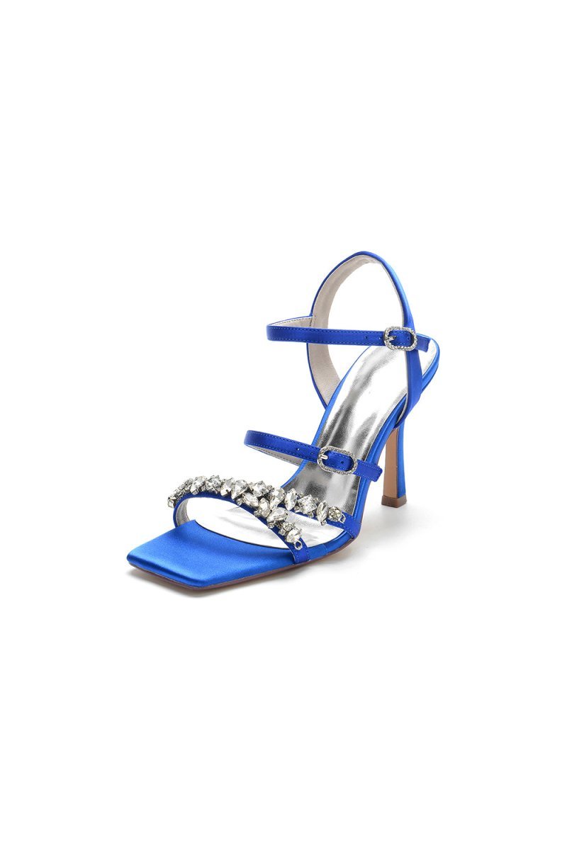 Crystal Buckle Straps Square Open Toe Chunky Heels - BOLODOO