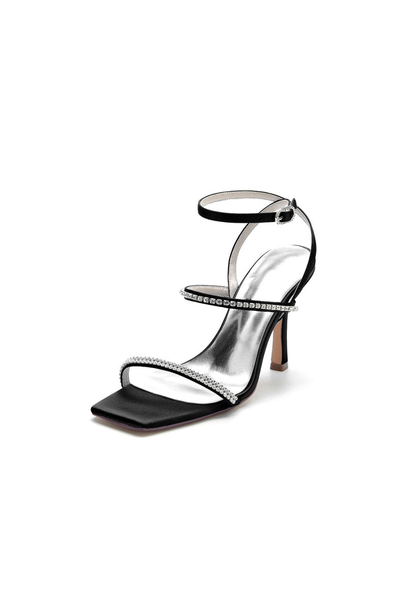 Crystal Cross Straps Square Open Toe Chunky Heels - BOLODOO