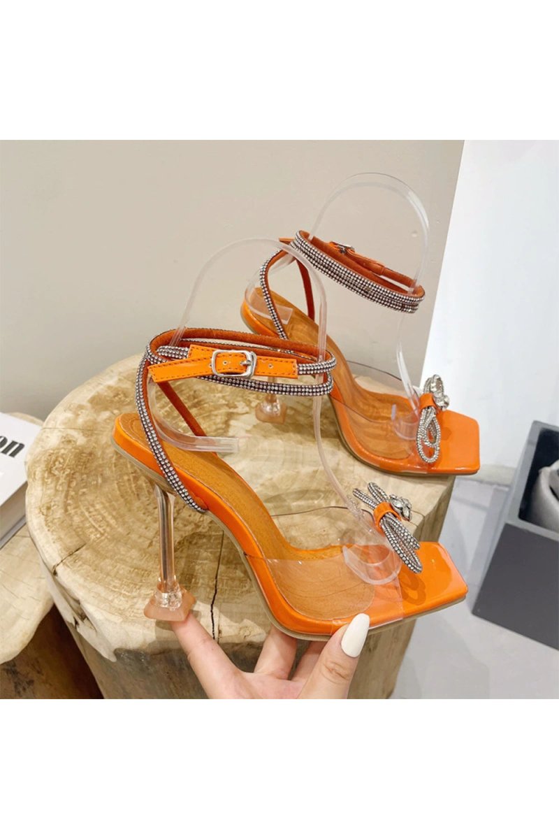 Crystal Embellished Transparent Strappy Stiletto Heels - BOLODOO
