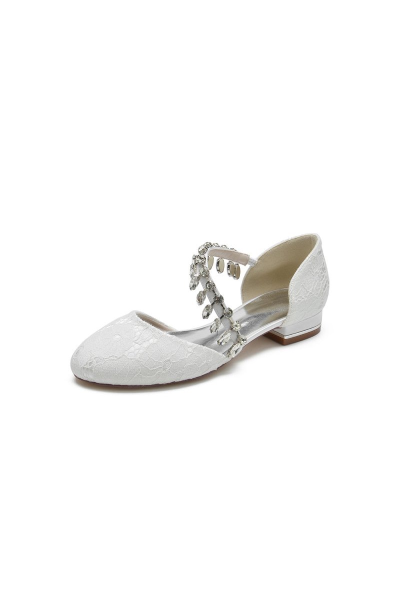 Crystal Strap Lace Round Toe Flats - BOLODOO