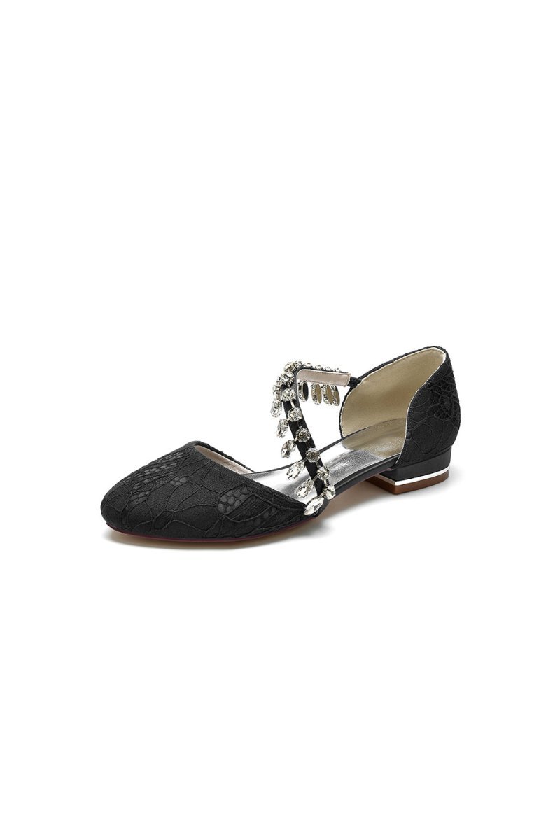 Crystal Strap Lace Round Toe Flats - BOLODOO
