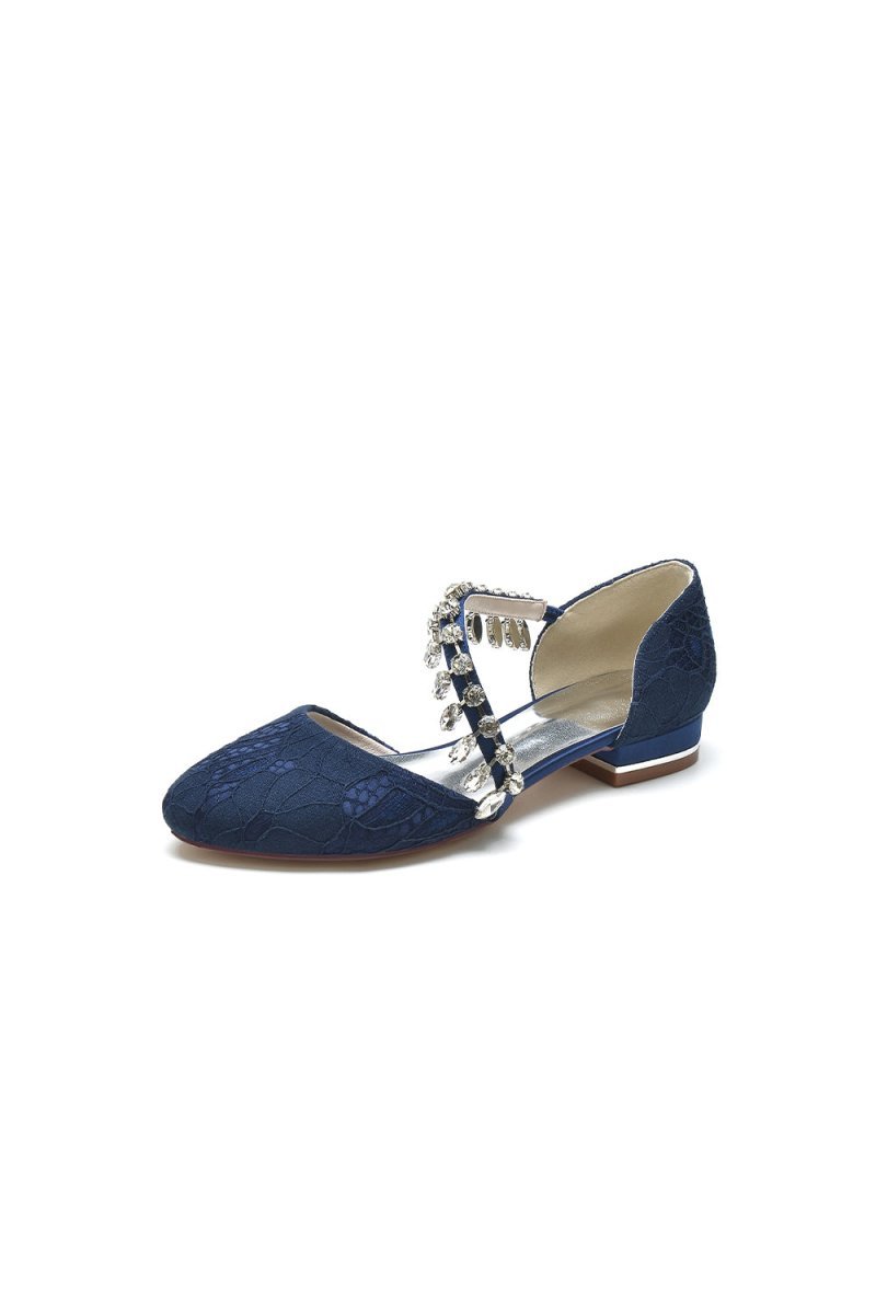 Crystal Strap Lace Round Toe Flats - BOLODOO