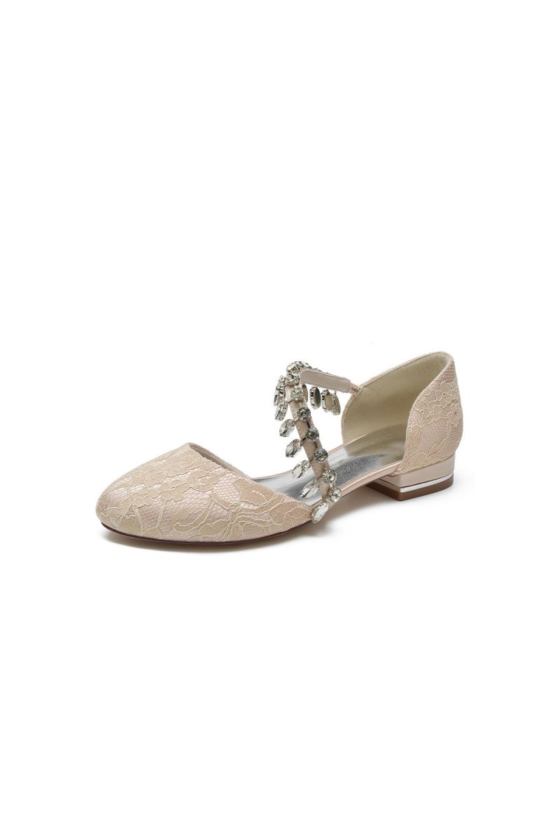 Crystal Strap Lace Round Toe Flats - BOLODOO