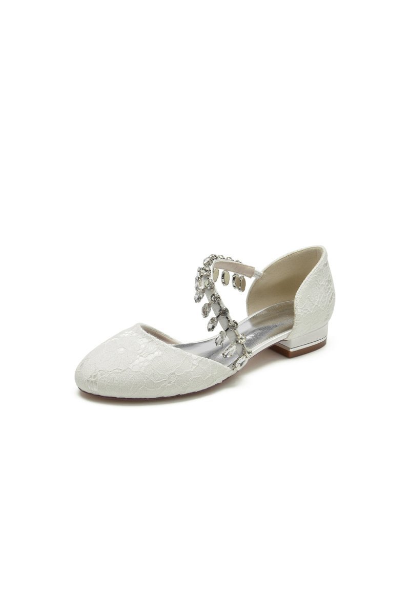Crystal Strap Lace Round Toe Flats - BOLODOO