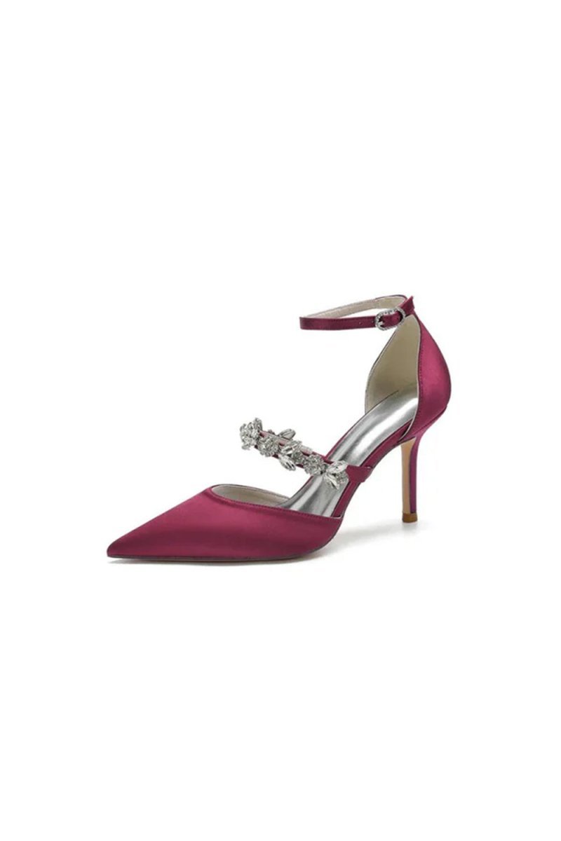 Crystal Strap Pointed Toe Satin High Heels - BOLODOO