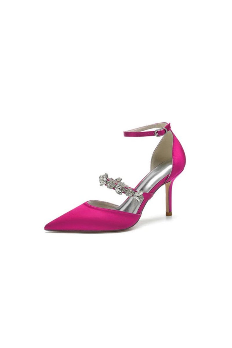 Crystal Strap Pointed Toe Satin High Heels - BOLODOO