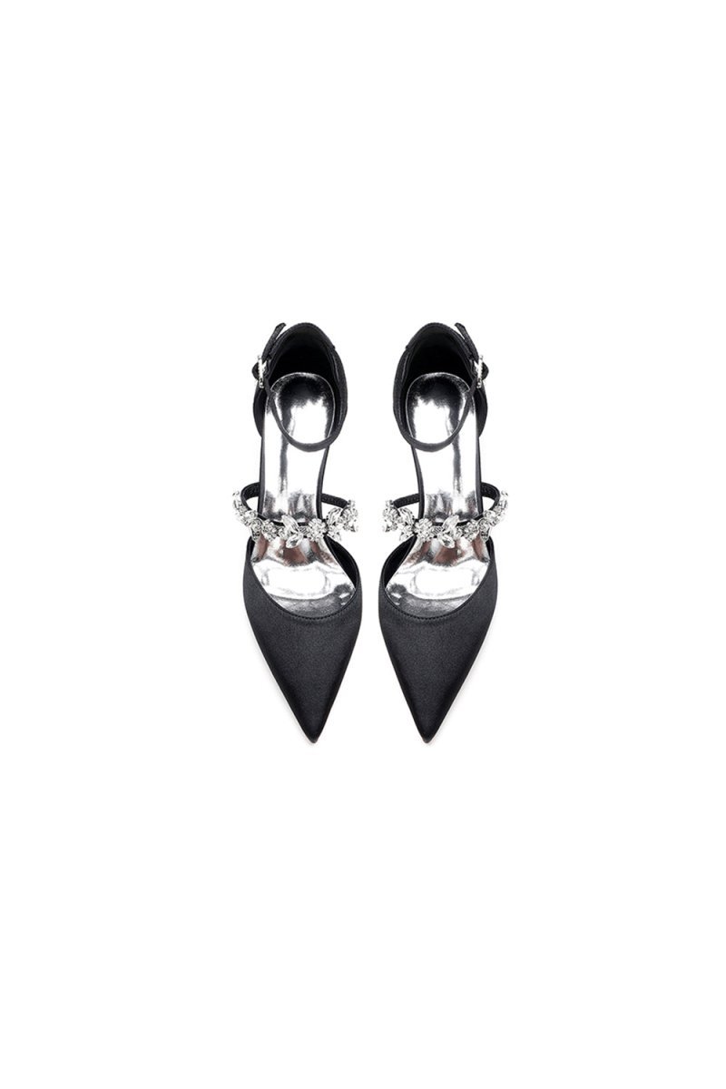 Crystal Strap Pointed Toe Satin Kitten Heels