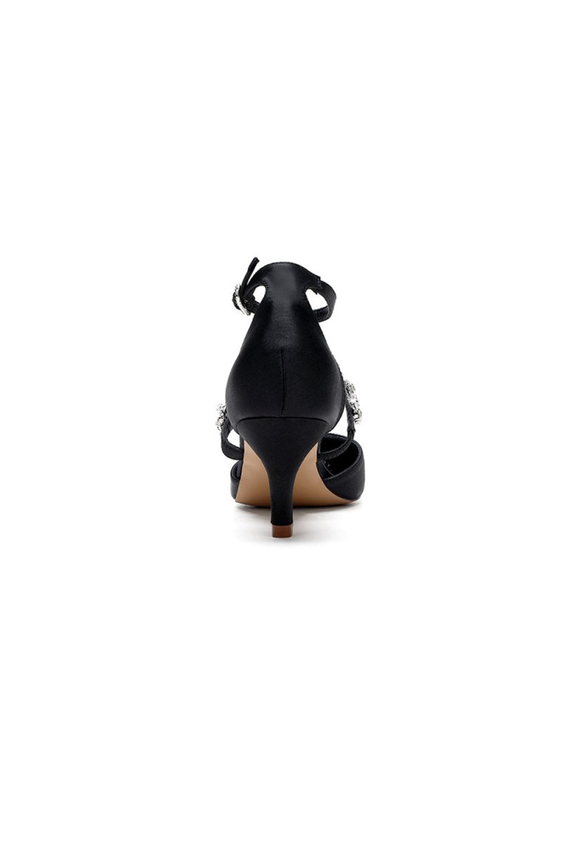 Crystal Strap Pointed Toe Satin Kitten Heels