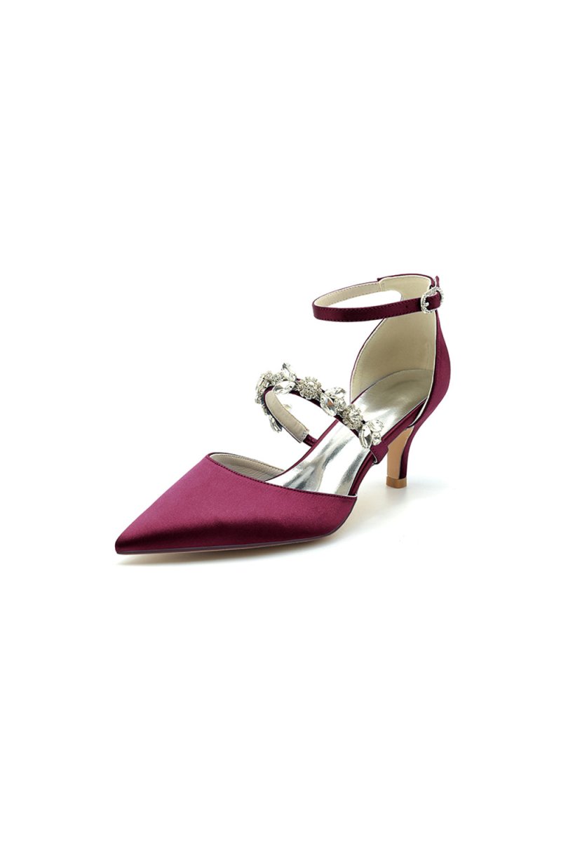 Crystal Strap Pointed Toe Satin Kitten Heels - BOLODOO