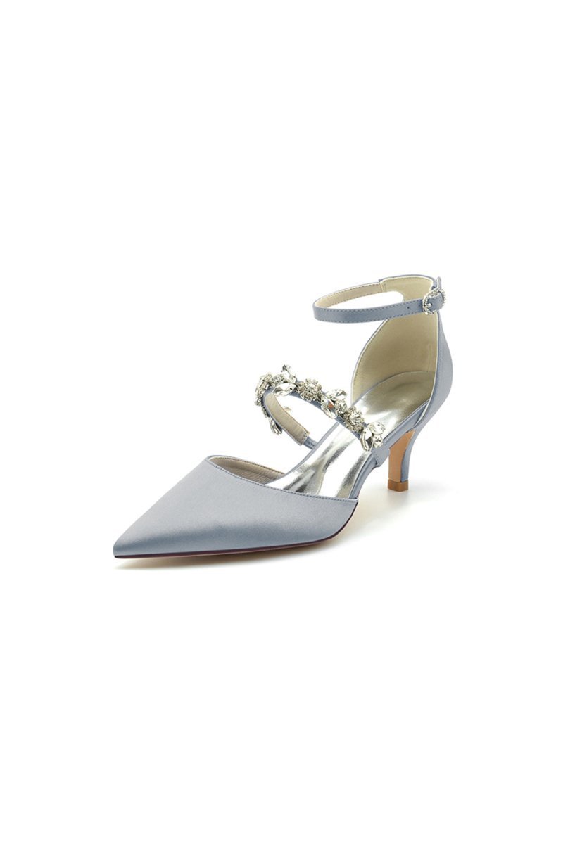 Crystal Strap Pointed Toe Satin Kitten Heels - BOLODOO