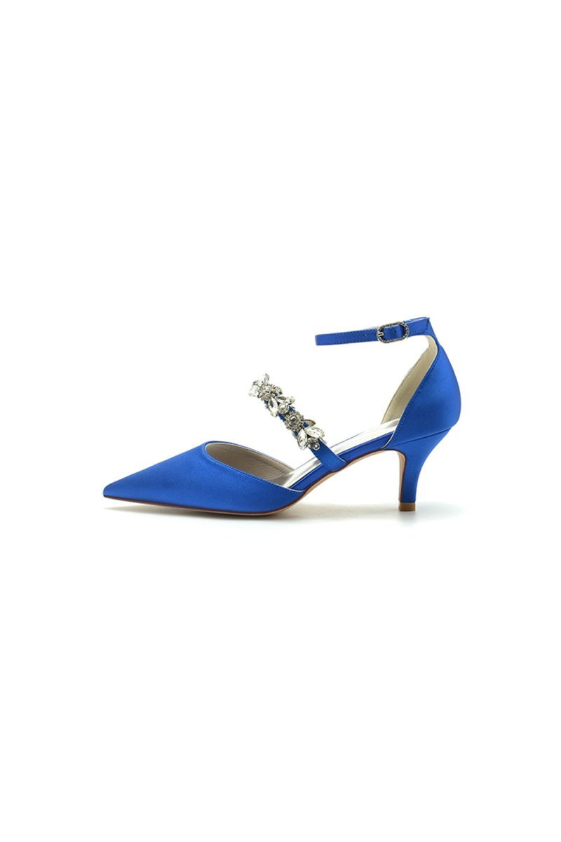 Crystal Strap Pointed Toe Satin Kitten Heels