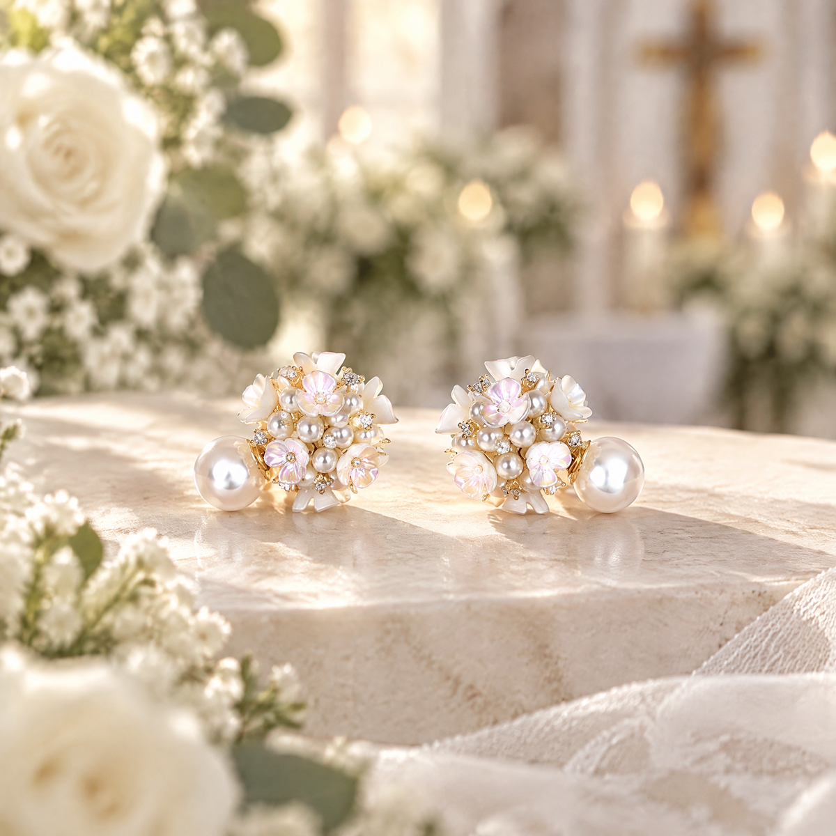BOLODOO floral pearl-look bridal earrings in a romantic wedding setting