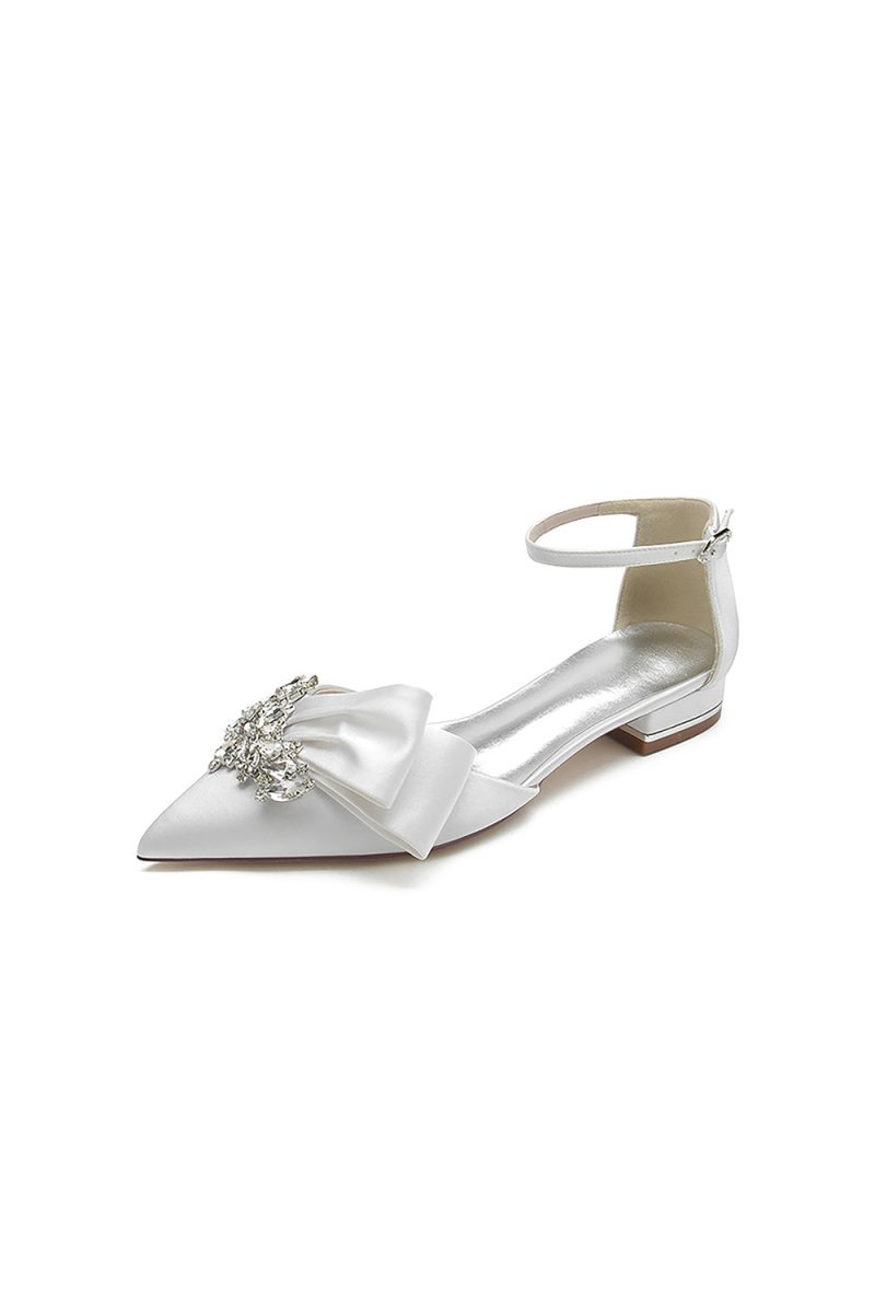 Satin Beaded Pointed Toe Ankle Strap Buckle Kitten Heels - BOLODOO