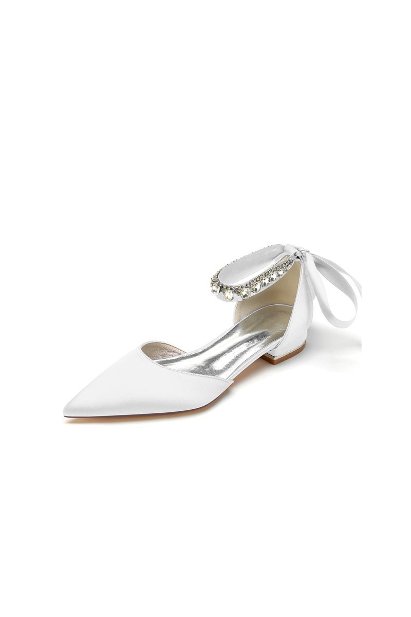 Rhinestone Ribbon Pointed Toe Ankle Strap Kitten Heels - BOLODOO