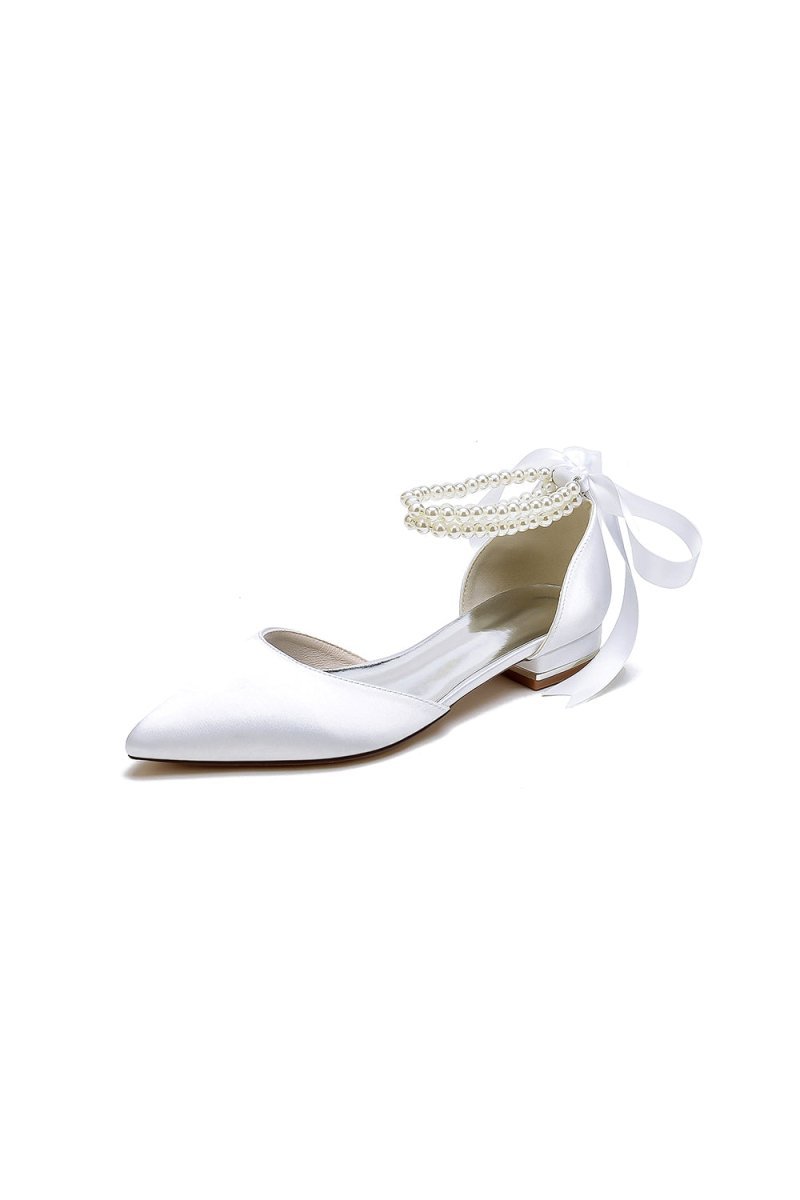 Pointed Toe Pearl Ribbon Ankle Strap Kitten Heels - BOLODOO