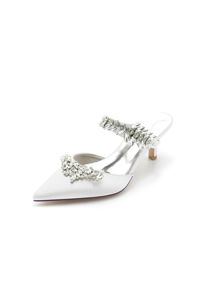 Satin Pointed Toe Mules with Crystal Rhinestone - BOLODOO