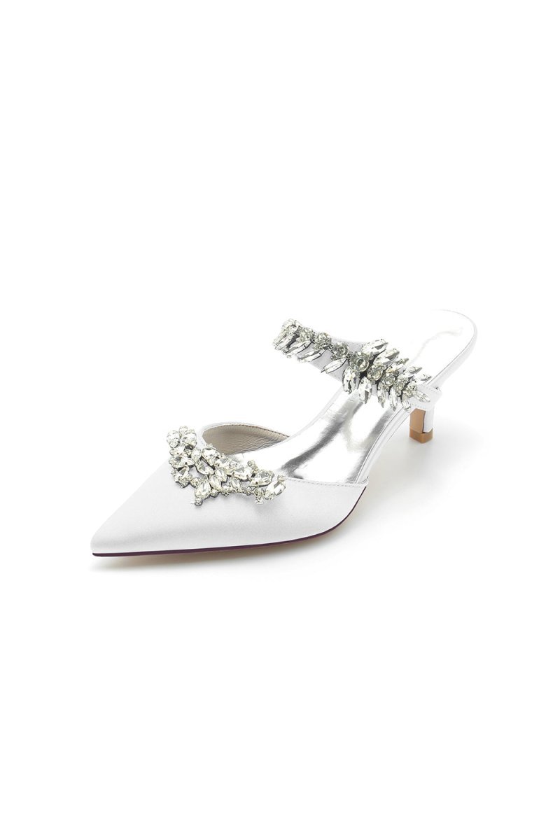 Satin Pointed Toe Mules with Crystal Rhinestone - BOLODOO