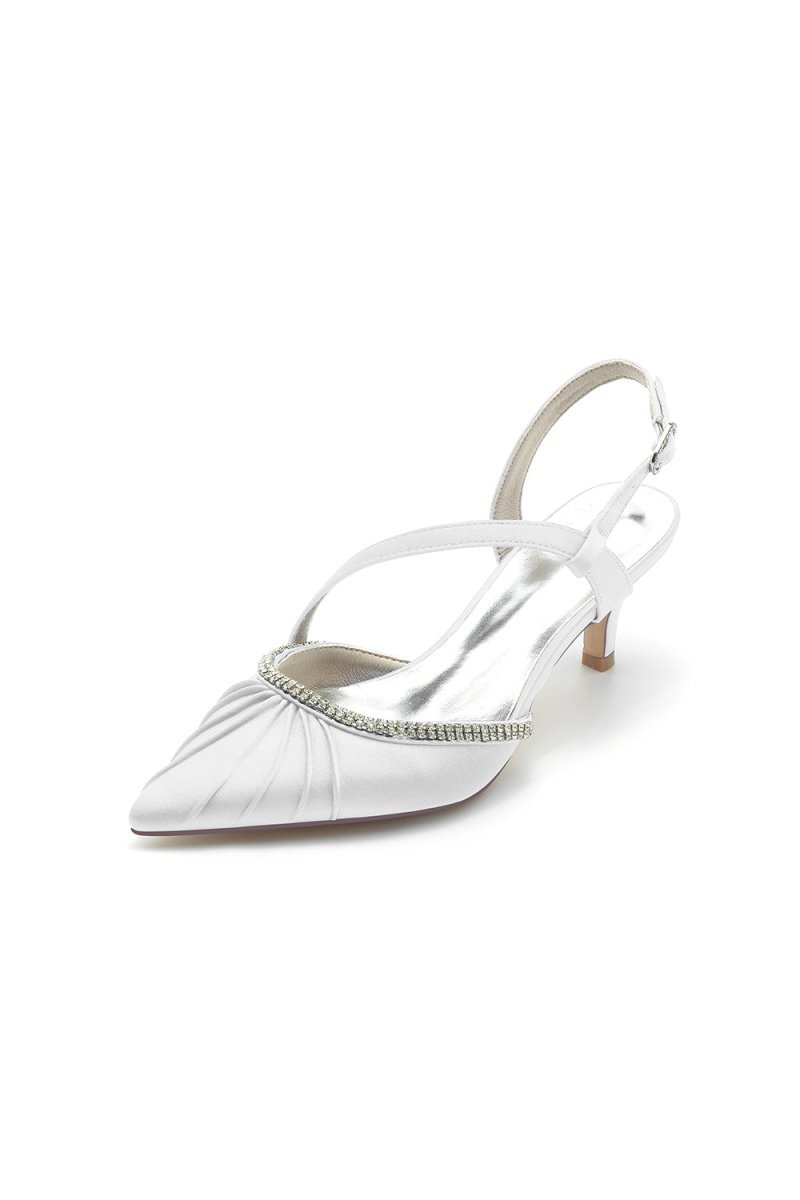 Satin Pointed Toe Slingback Heels with Rhinestone - BOLODOO