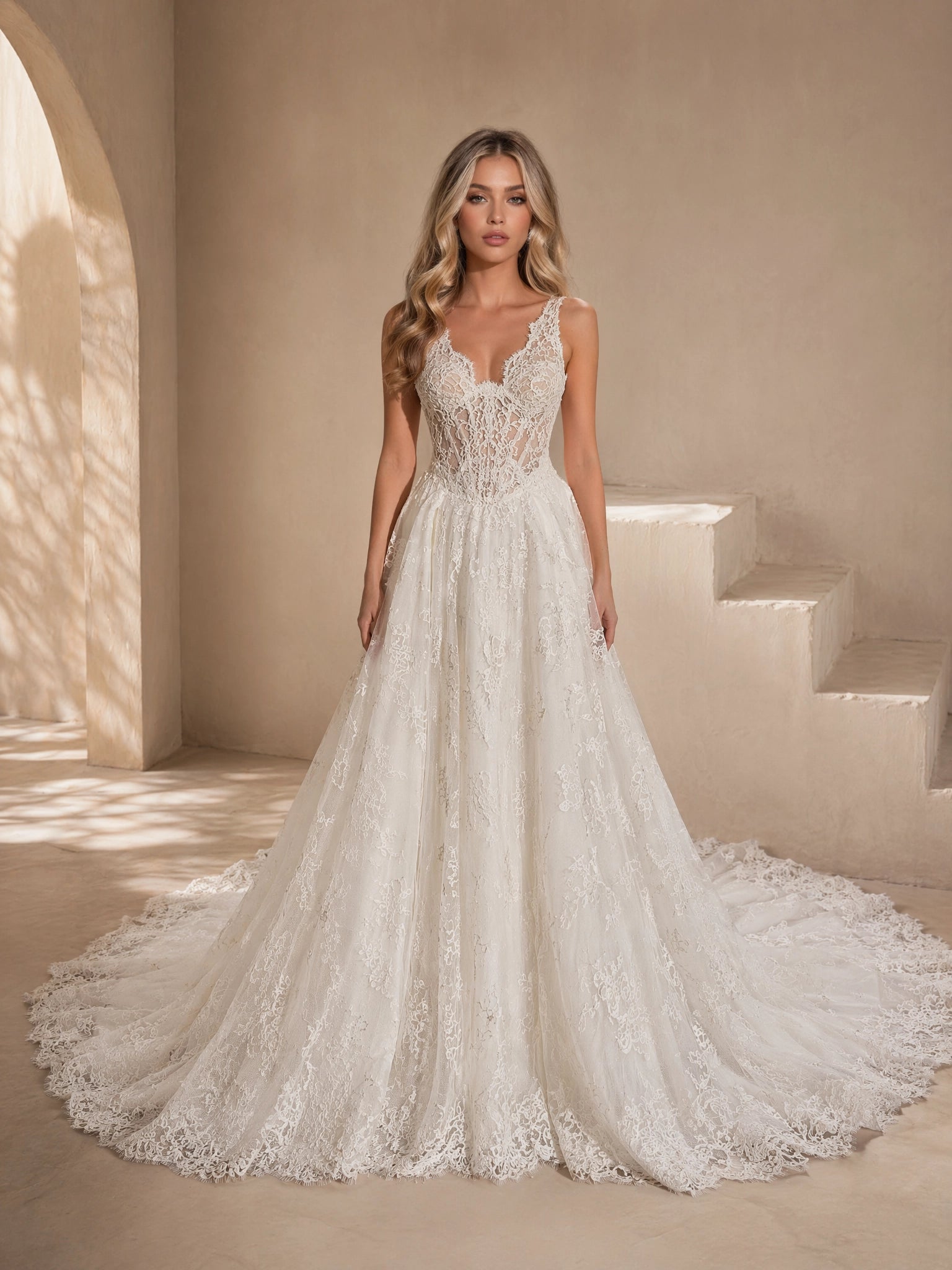 BOLODOO Ivory V-Neck All-Over Lace Embroidered A-Line Wedding Gown - full front view