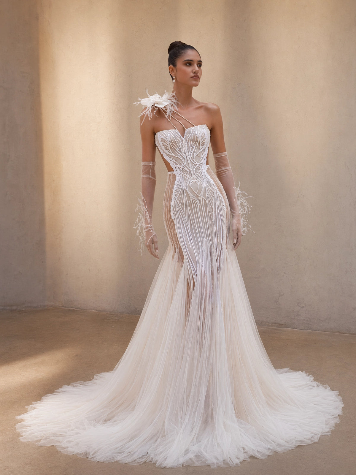 BOLODOO Ivory Radiating Beaded Fringe Mermaid Wedding Gown - full front view with one-shoulder feather corsage and feather arm sleeves
