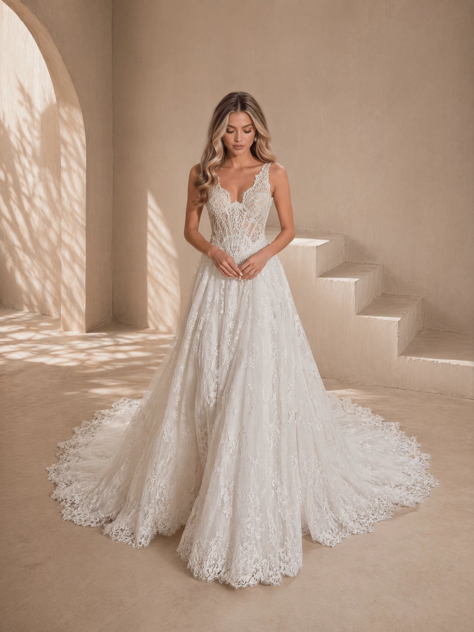 BOLODOO Ivory V-Neck All-Over Lace Embroidered A-Line Wedding Gown - front view 2 with train