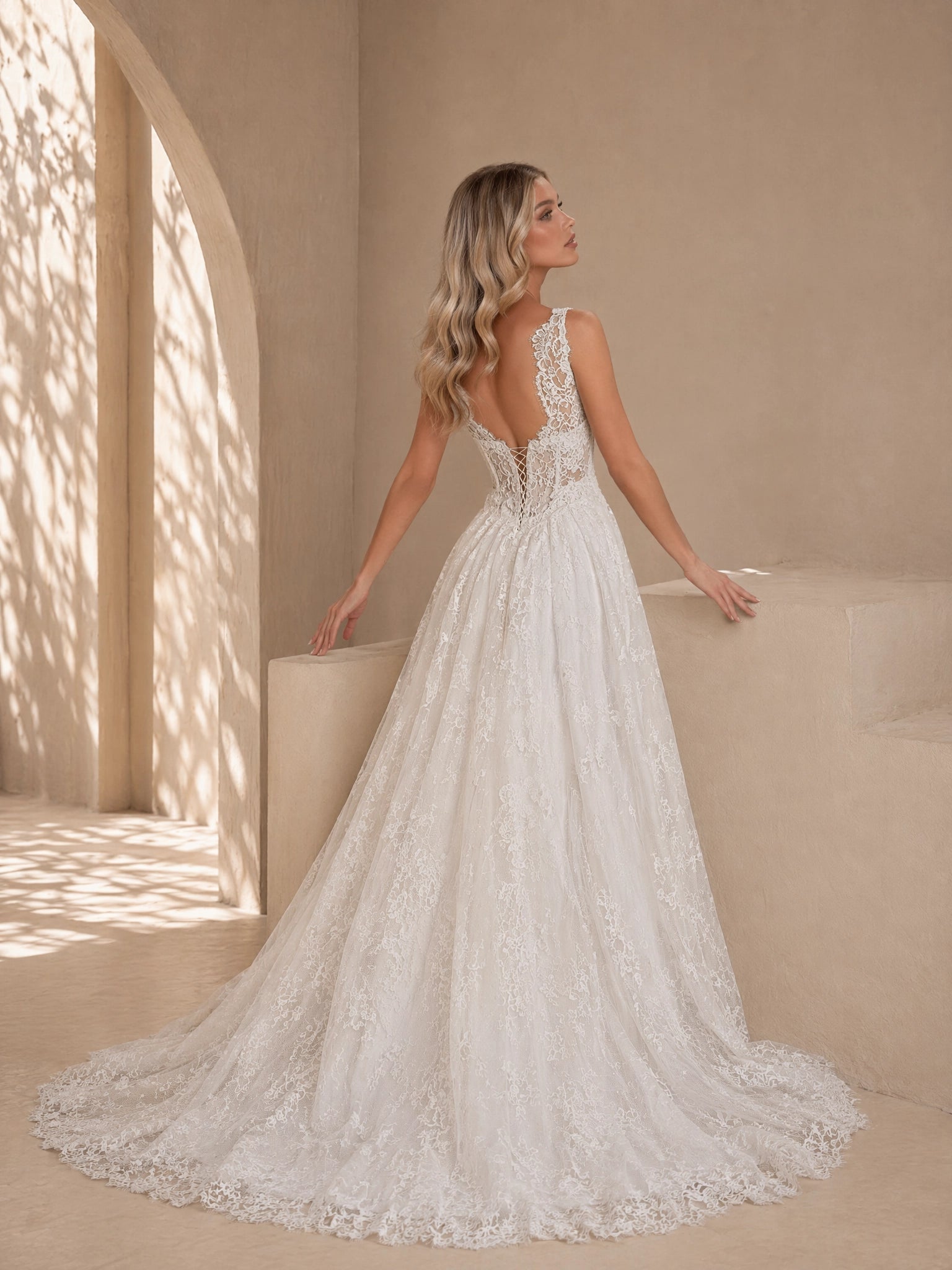 BOLODOO Ivory V-Neck All-Over Lace Embroidered A-Line Wedding Gown - back view deep V lace-up