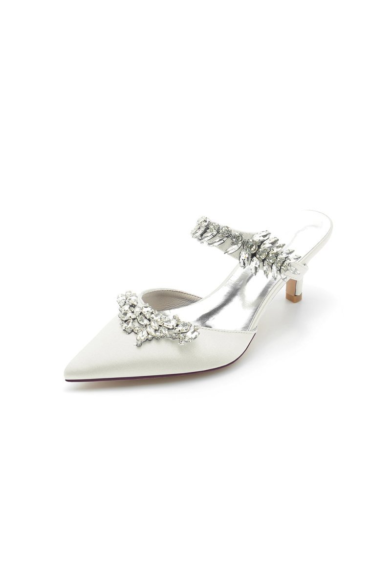 Satin Pointed Toe Mules with Crystal Rhinestone - BOLODOO