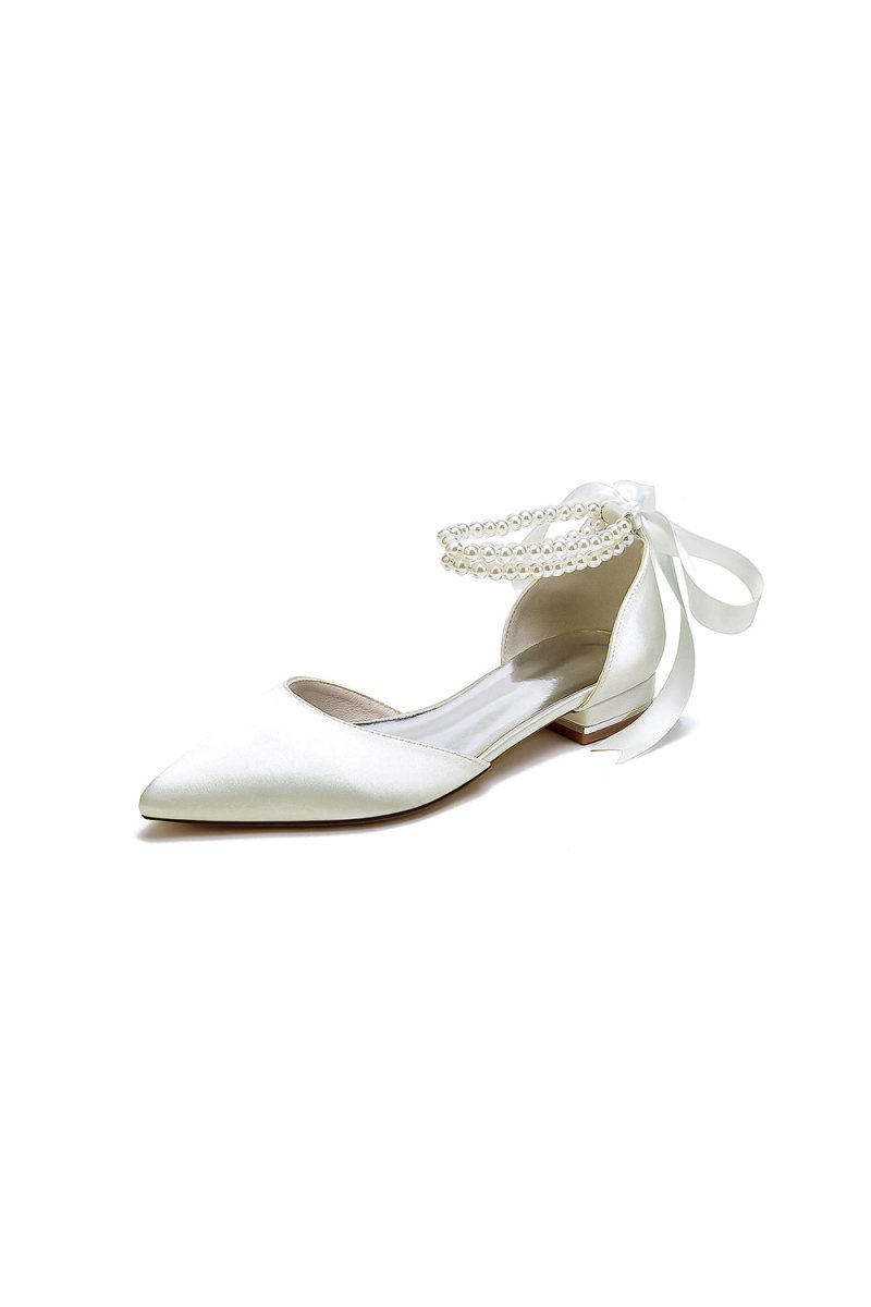 Pointed Toe Pearl Ribbon Ankle Strap Kitten Heels - BOLODOO