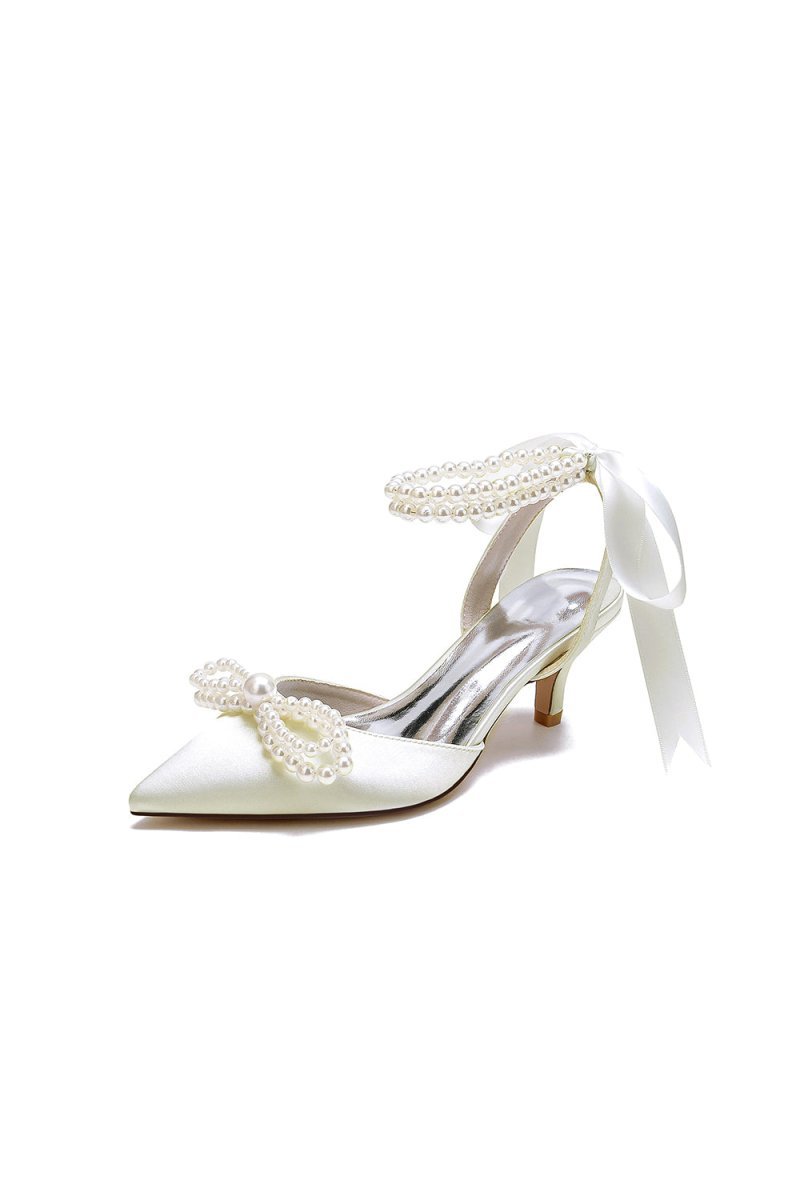 Pearl Ribbon Pointed Toe Ankle Strap High Heels - BOLODOO