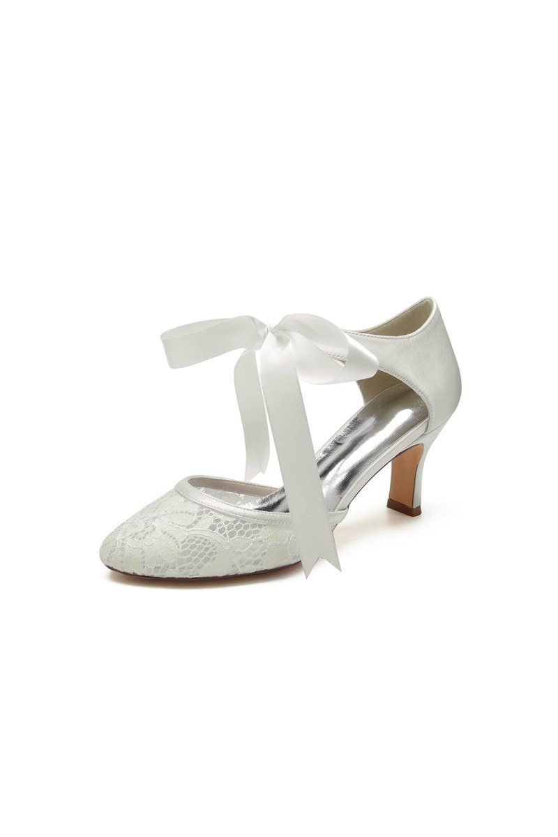 Elegant White Lace High Heels with Bow Accent - BOLODOO