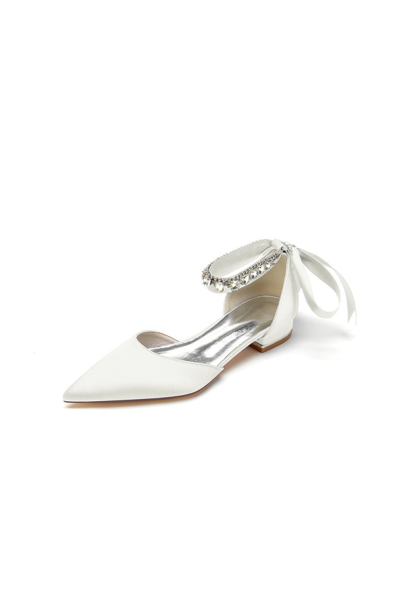 Rhinestone Ribbon Pointed Toe Ankle Strap Kitten Heels - BOLODOO