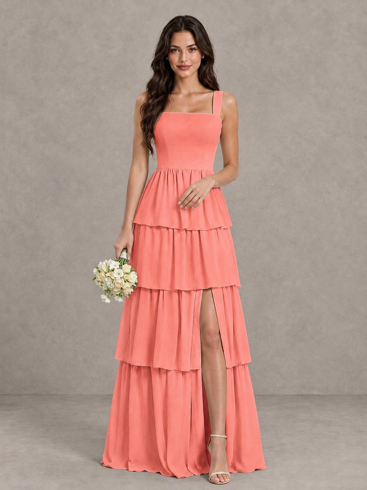 BOLODOO dpz040 Square Neck Tiered Bridesmaid Dress with Slit - dpz040 - Coral