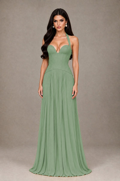 BOLODOO dusty sage Halter Corset Pleated A-Line Evening Dress - dusty sage - dusty sage_1