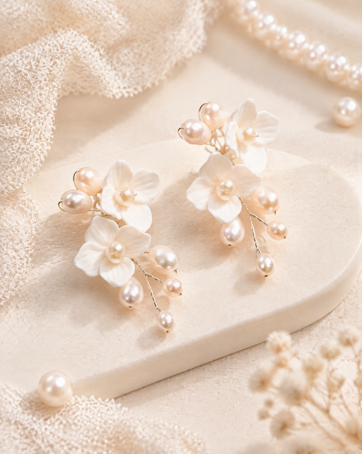 Angled pair view of BOLODOO XCD015 floral bridal earrings with gold-tone branch details